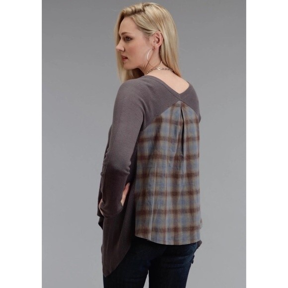 Stetson Knit Long Sleeve Grey Plaid Flannel Waterfall Sweater Size Large - Picture 4 of 11